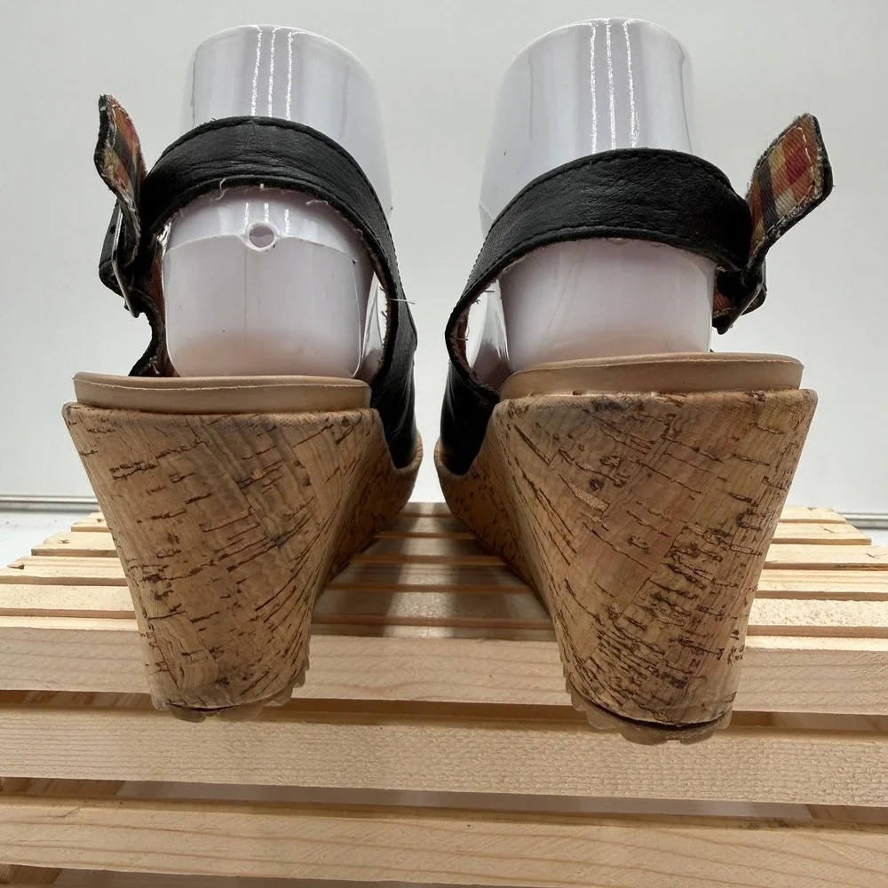 Crocs A-leigh Leather Wedge Sandals‎ Plaid Slingback Cork Heel Black Womens 8